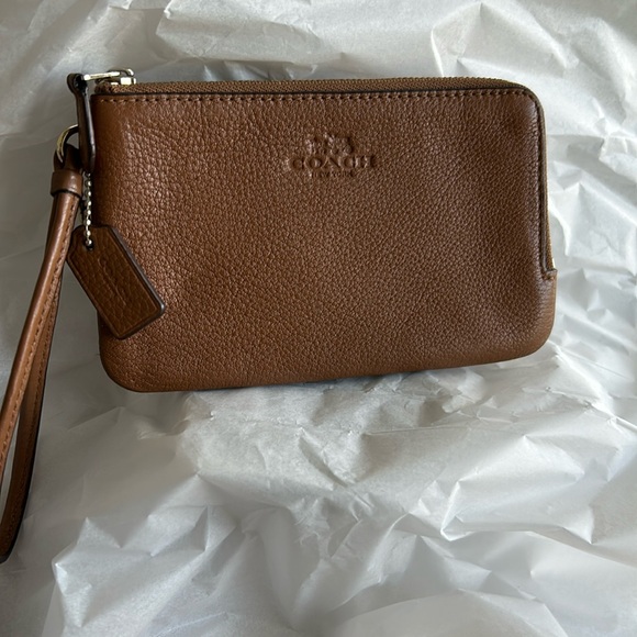 Coach Wristlet Saddle Brown Double Corner Zip Wristlet gold hardware pink accent - Picture 1 of 9